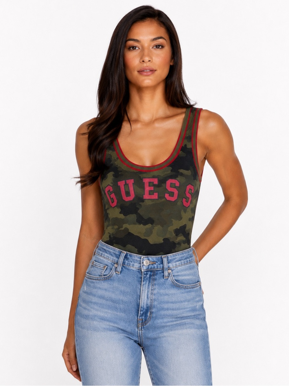 Guess camo bodysuit with pink
'GUESS' text, size L